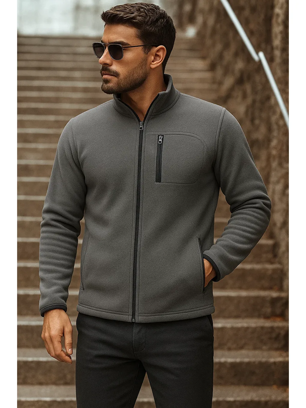 Gri Erkek Fermuarlı Trend Kışlık Cepli Füme Polar Hırka-1