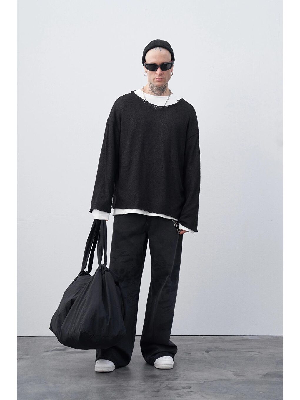 Siyah Lazer Baskılı Baggy Jean-1