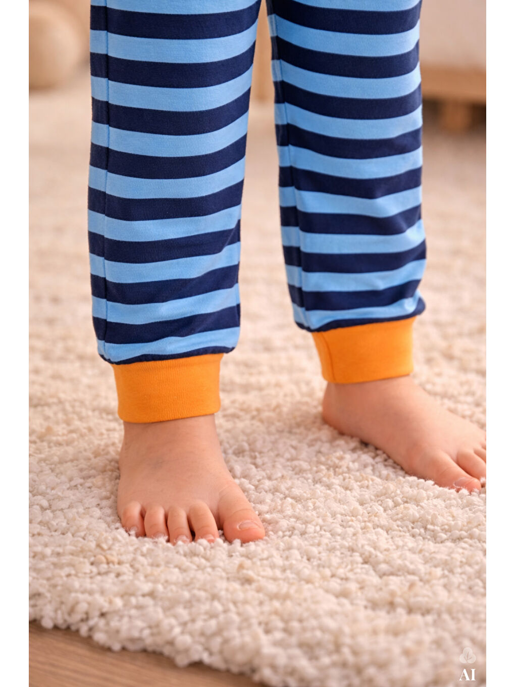 Mavi Erkek Çocuk Pamuklu Çizgili Baskılı Kısa Kollu Uzun Alt Pijama Takımı-4