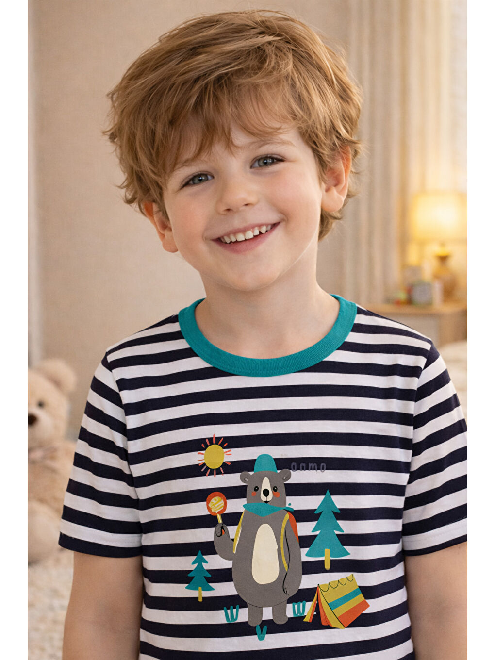 Lacivert Erkek Çocuk Pamuklu Çizgili Baskılı Kısa Kollu Uzun Alt Pijama Takımı-2