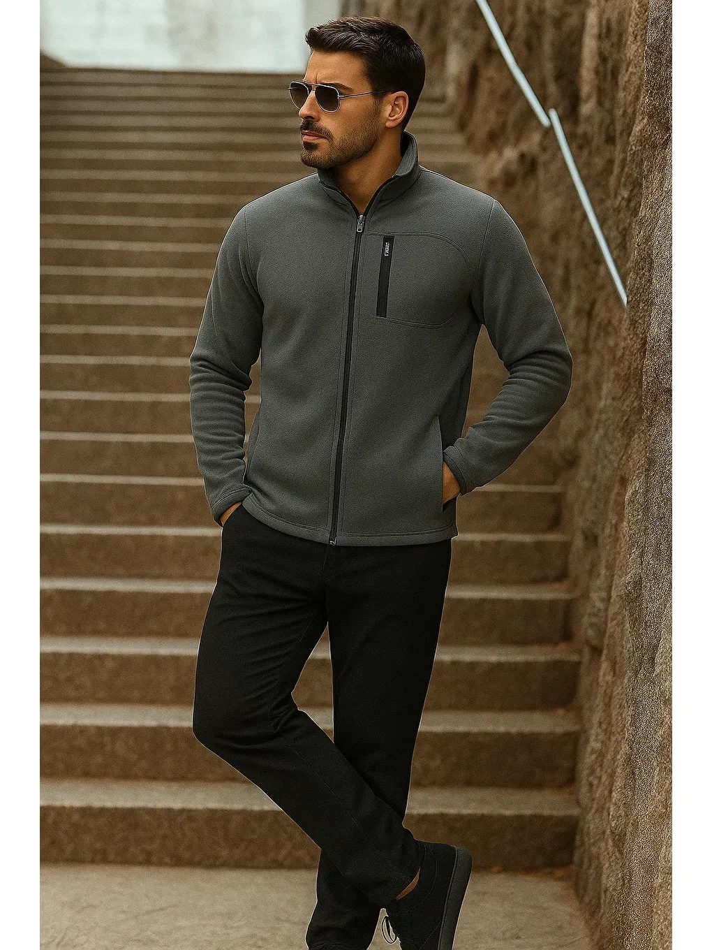Gri Erkek Fermuarlı Trend Kışlık Cepli Füme Polar Hırka-2