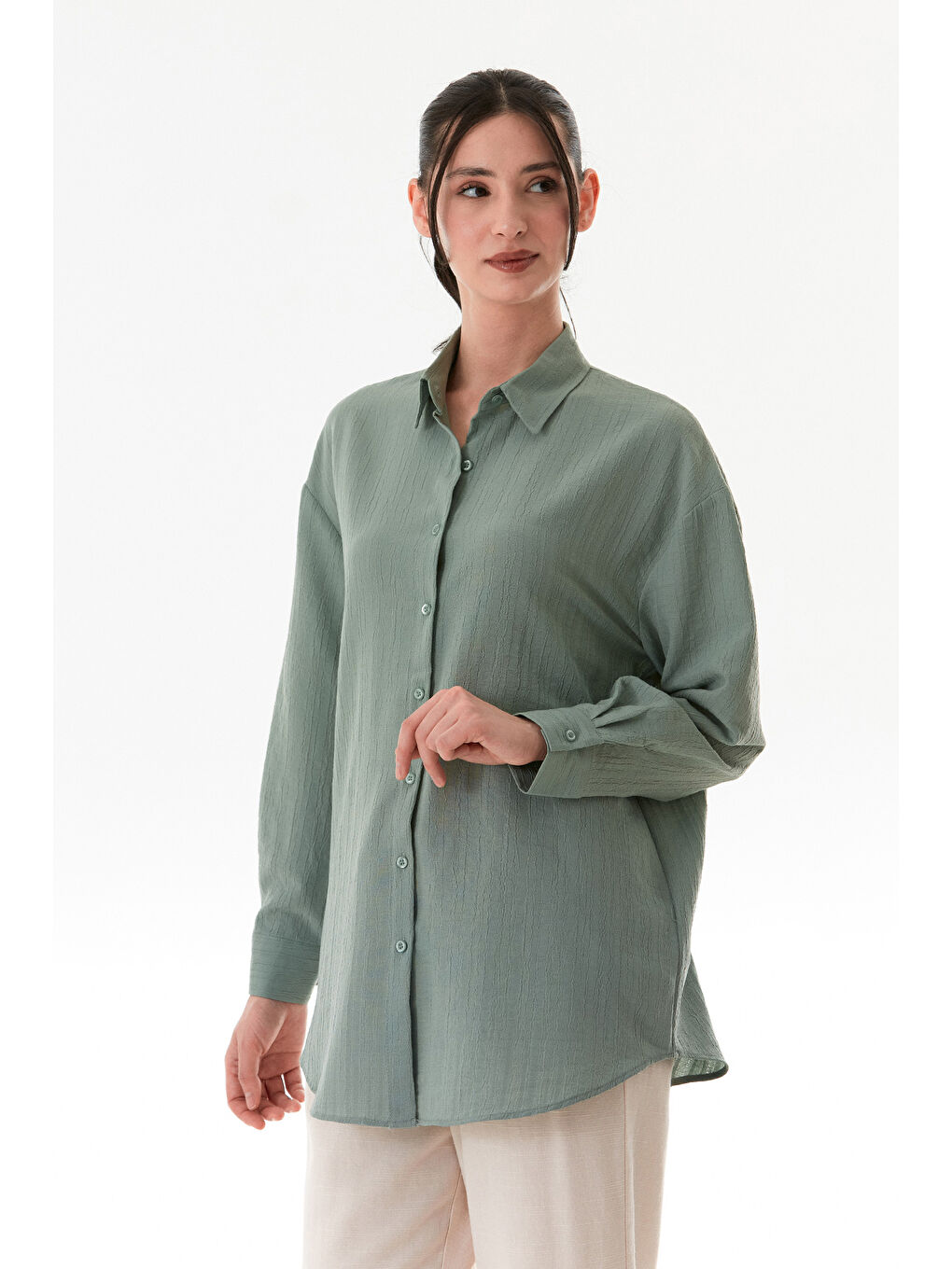 Turkuaz Basic Krep Kumaş Oversize Gömlek-1