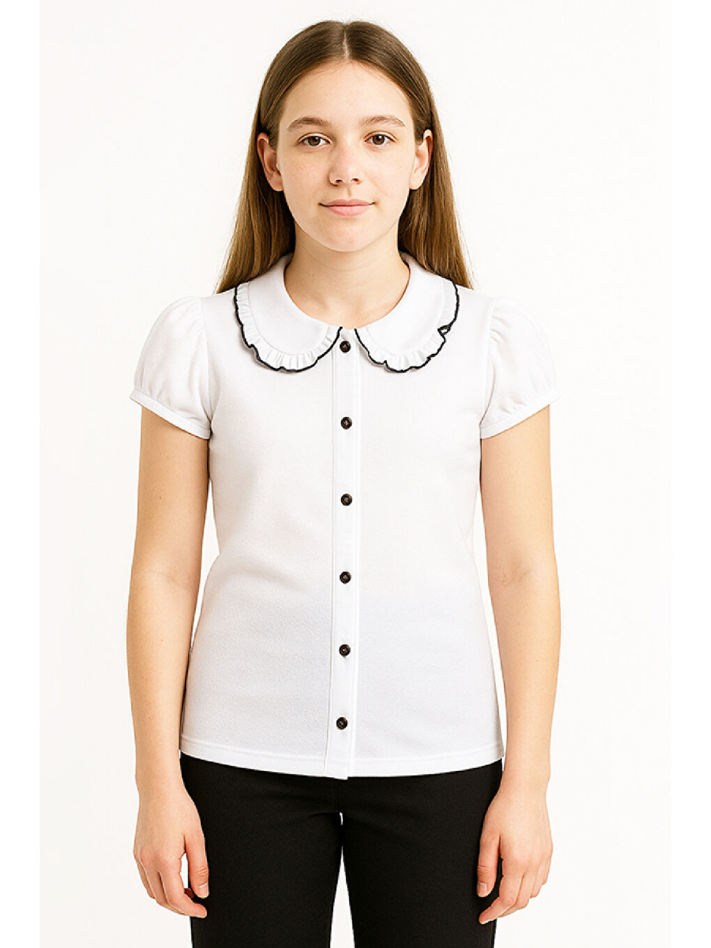 Beyaz Kız Çocuk Bluz-Yaka Detaylı-Düğme Kapatmalı-Omuz Fırfırlı 9-14 Yaş 12493