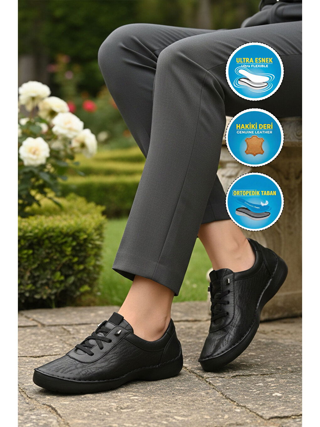 Premium Siyah Hakiki Deri Anatomik Kadın Casual Ayakkabı 44406 Z-2