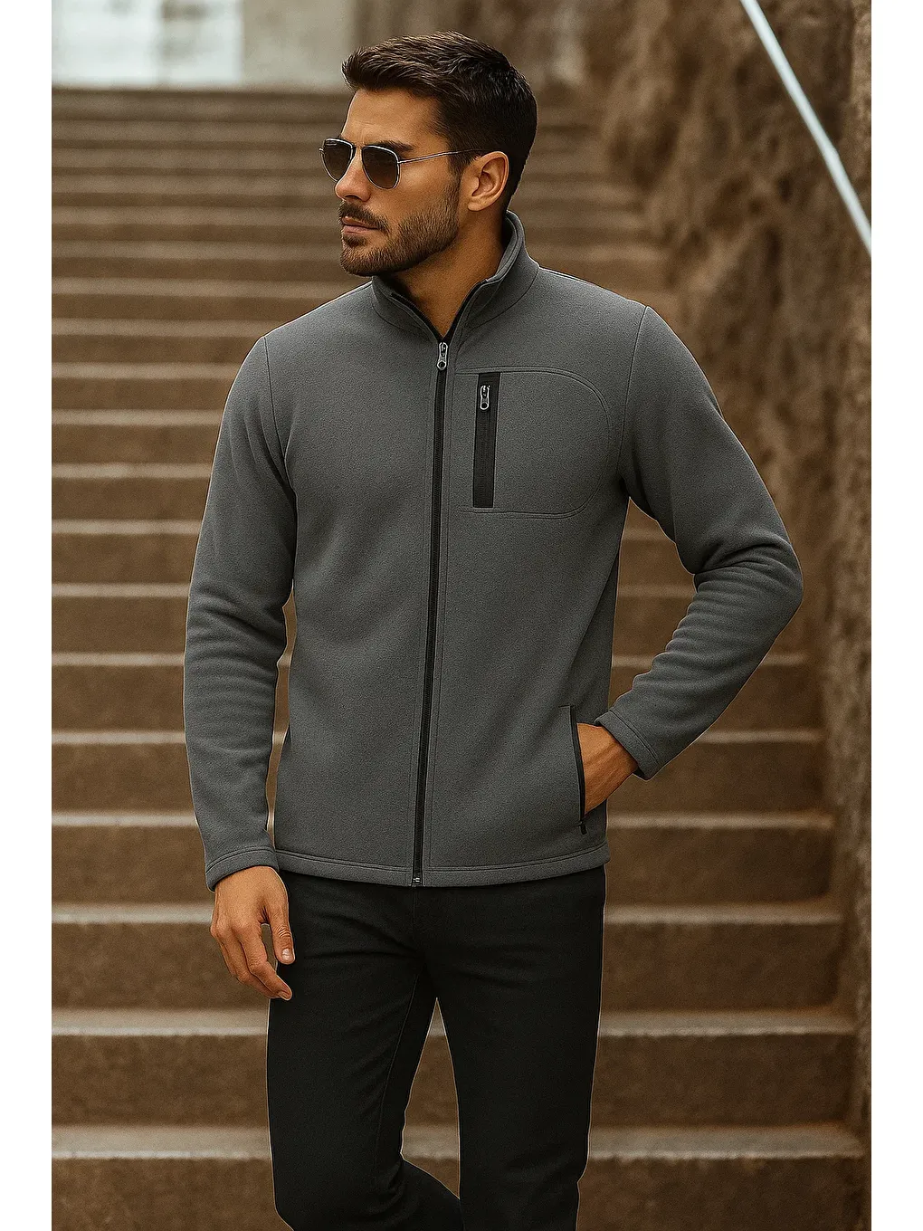 Gri Erkek Fermuarlı Trend Kışlık Cepli Füme Polar Hırka-3