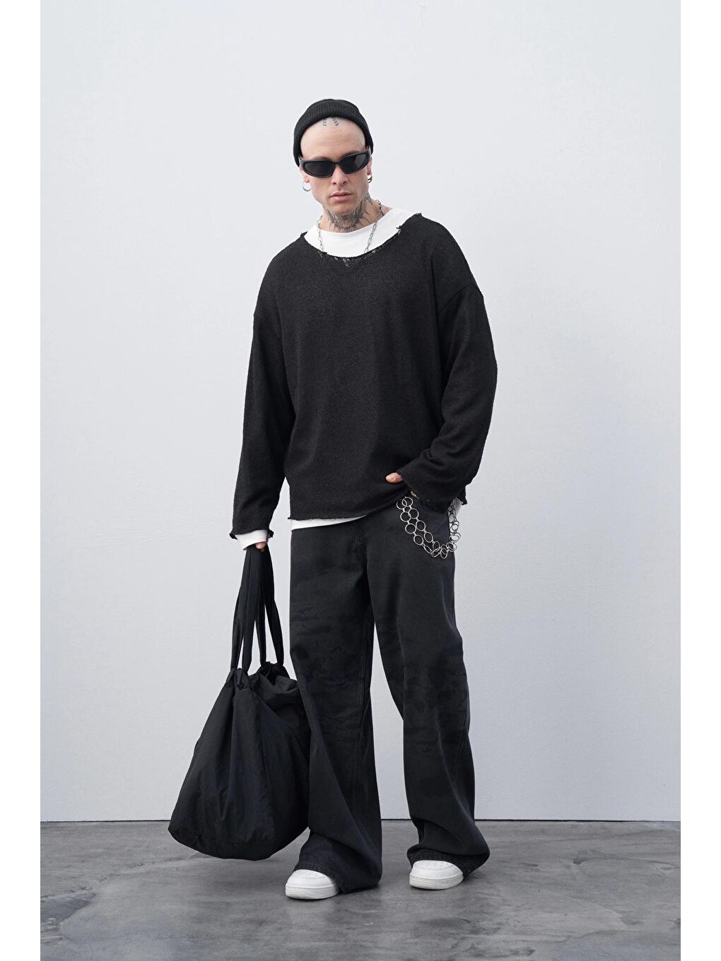 Siyah Lazer Baskılı Baggy Jean-2