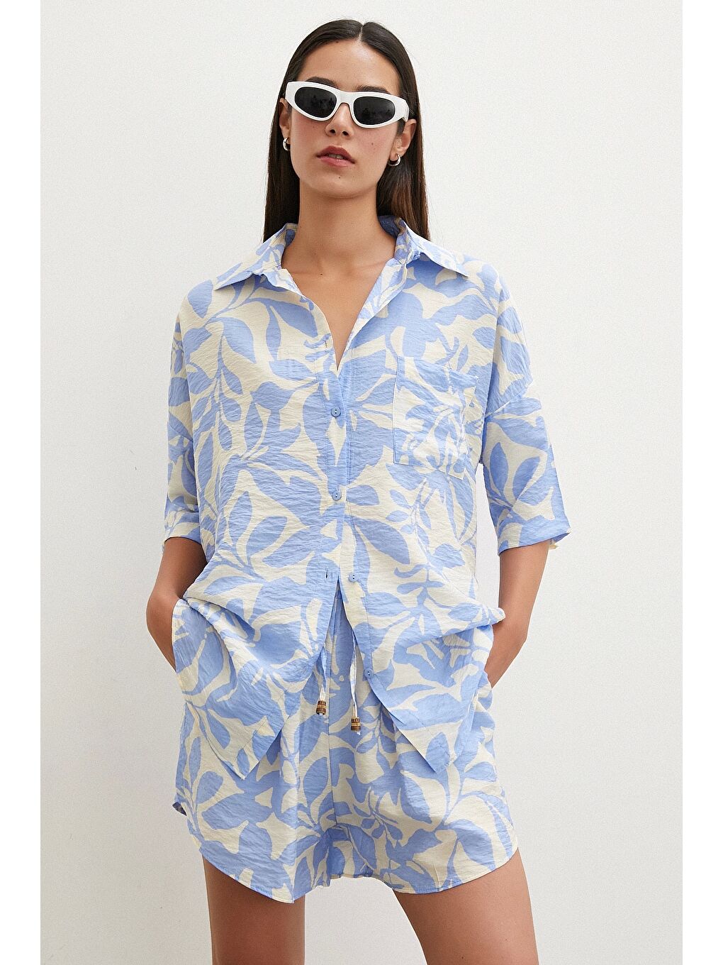 Yaprak Desenli Şortlu Takım Mavi-2