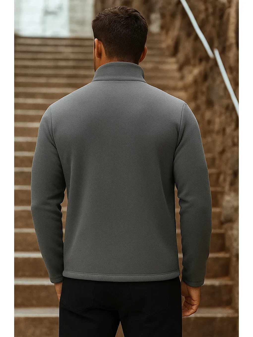 Gri Erkek Fermuarlı Trend Kışlık Cepli Füme Polar Hırka-4