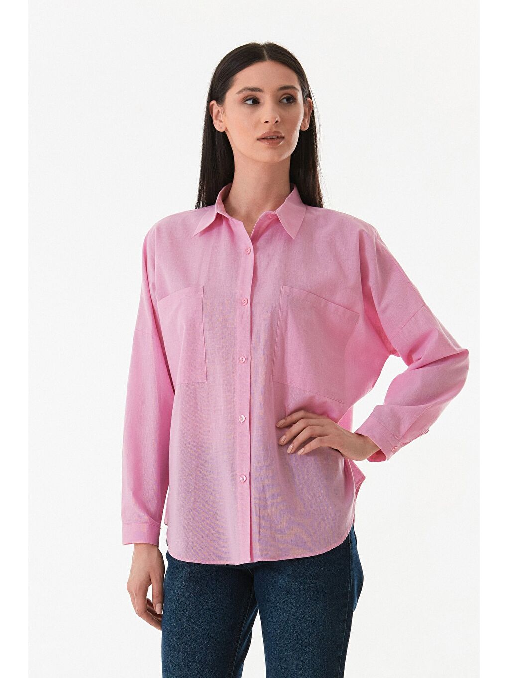 Pembe Basic Çift Cepli Oversize Gömlek-1