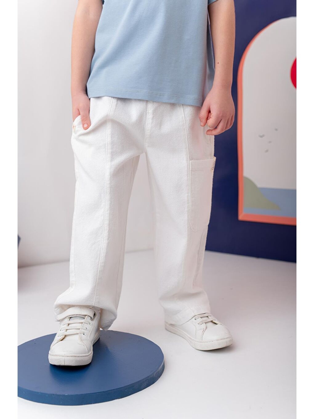 Erkek Çoçuk Çep Detaylı Lastikli Pantolon - Beyaz