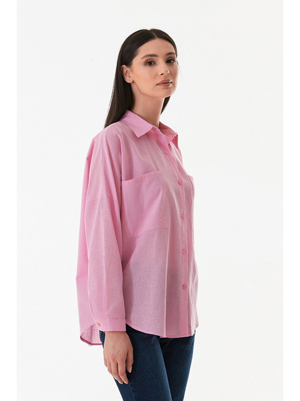 Pembe Basic Çift Cepli Oversize Gömlek-4