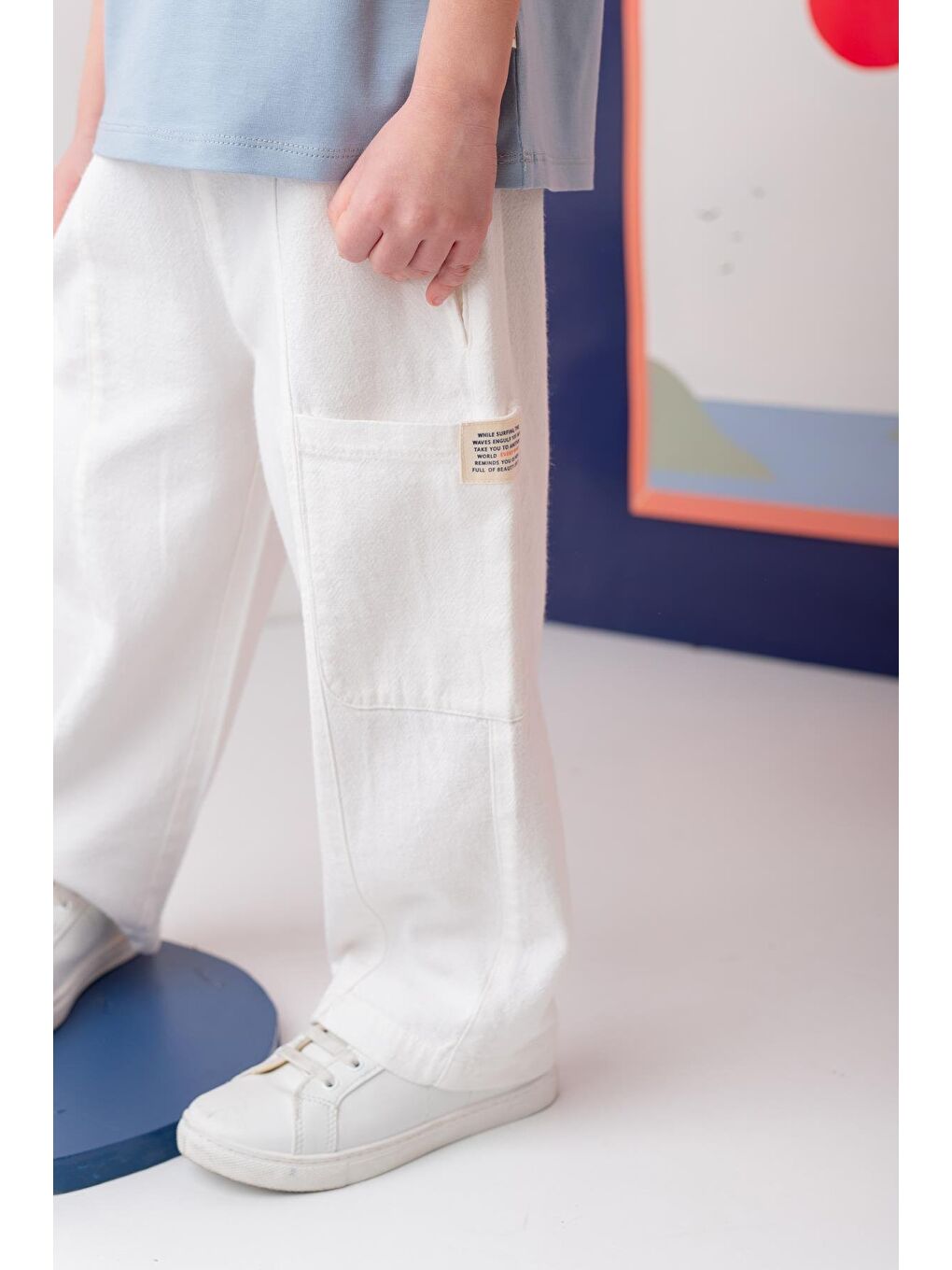 Erkek Çoçuk Çep Detaylı Lastikli Pantolon - Beyaz-1