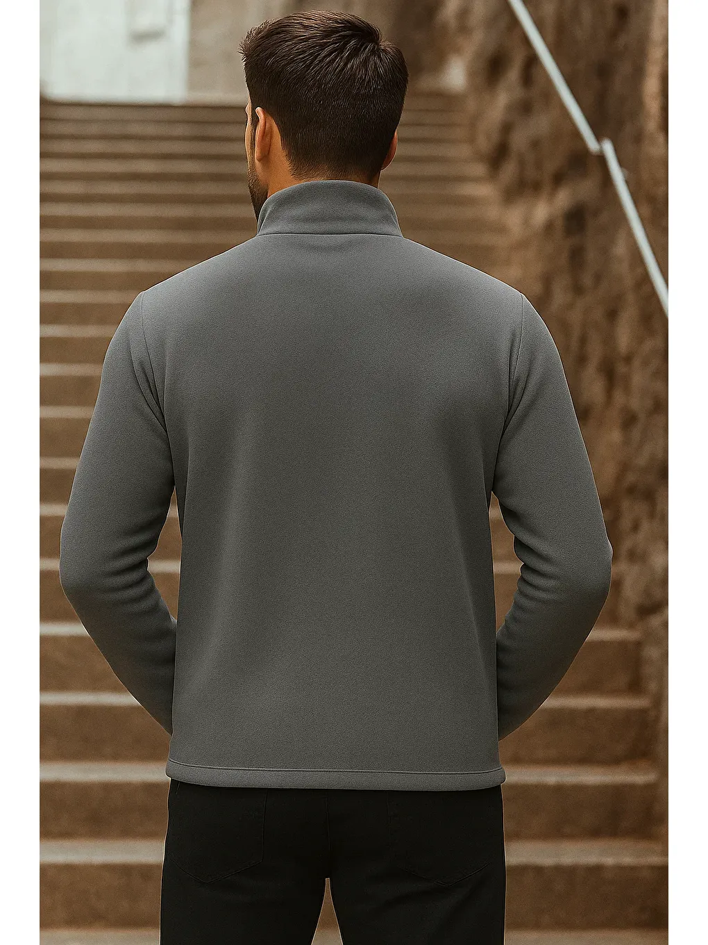 Gri Erkek Fermuarlı Trend Kışlık Cepli Füme Polar Hırka-5