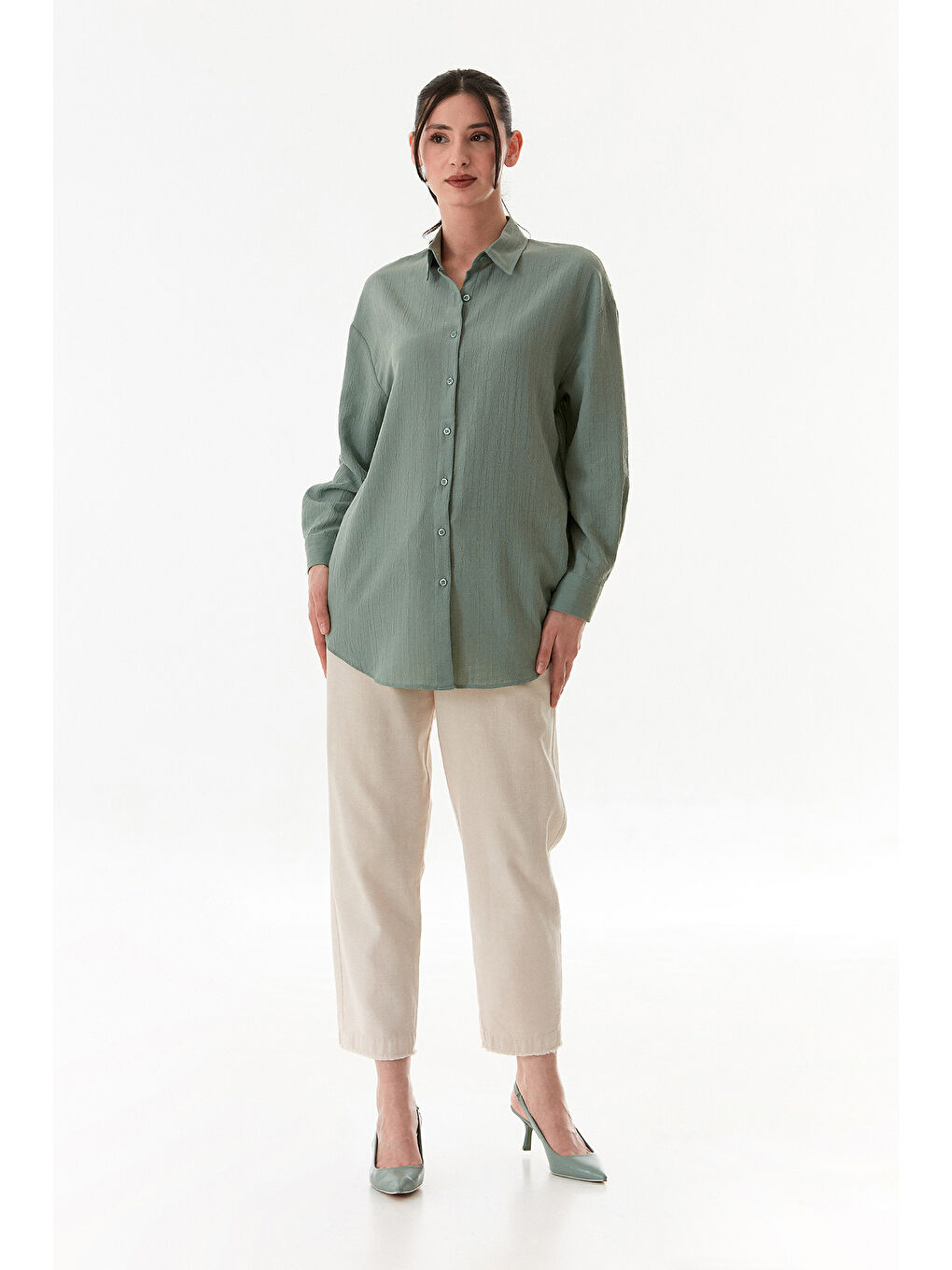 Turkuaz Basic Krep Kumaş Oversize Gömlek-3
