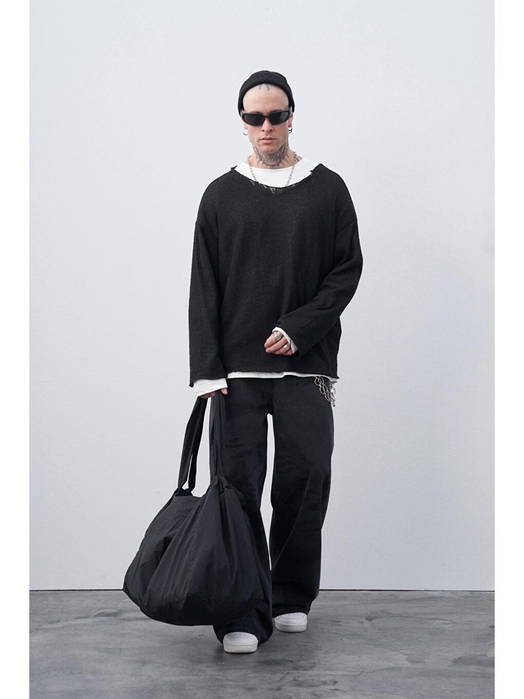 Siyah Lazer Baskılı Baggy Jean-4