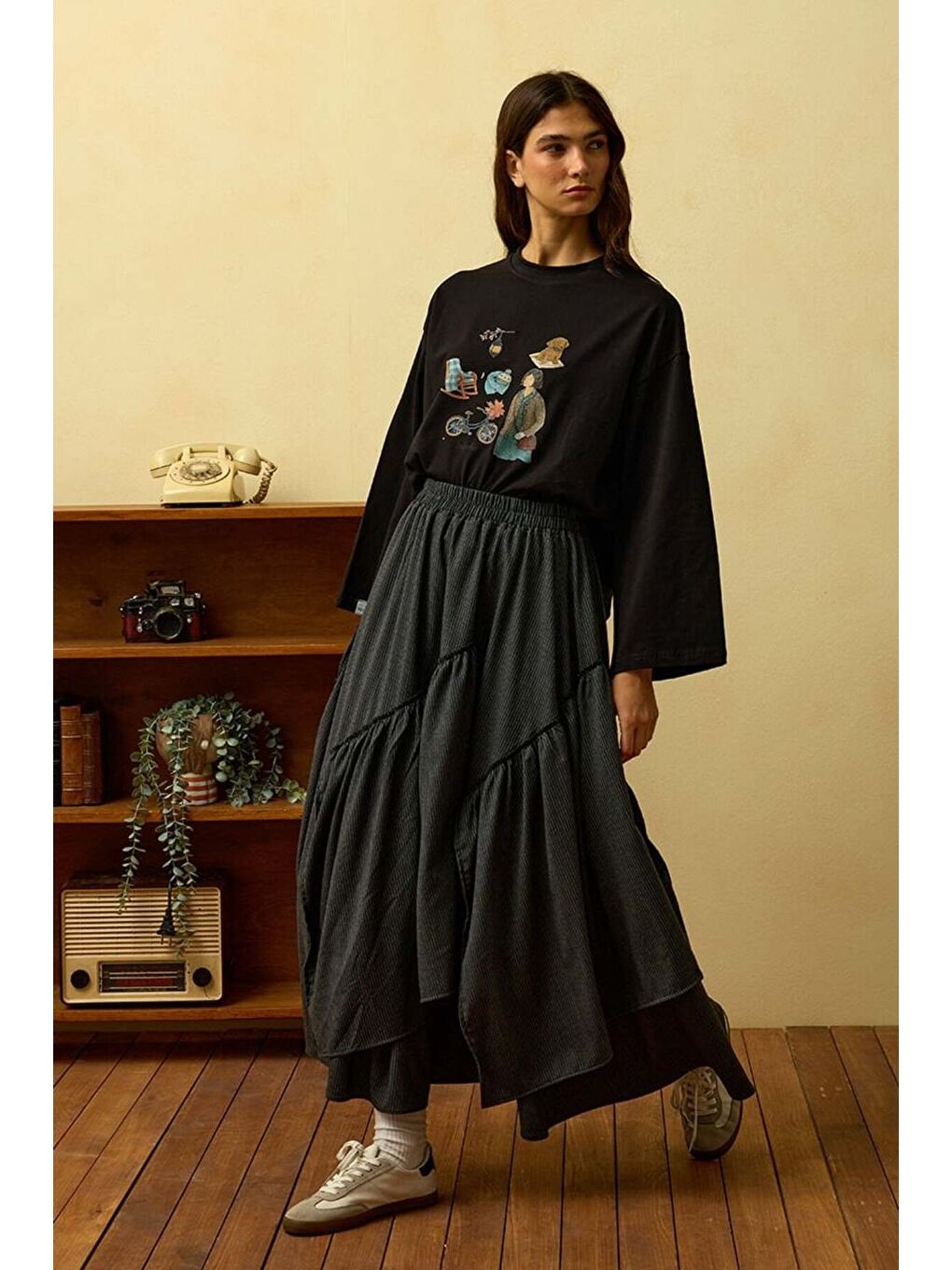 Antrasit Çizgili Poliviskon Bohem Kat Etek-1