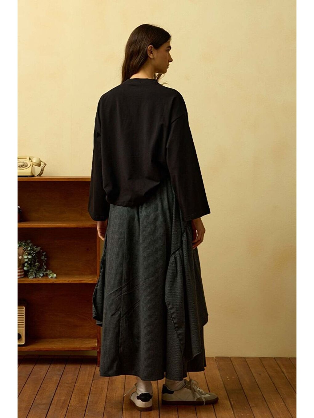 Antrasit Çizgili Poliviskon Bohem Kat Etek-2