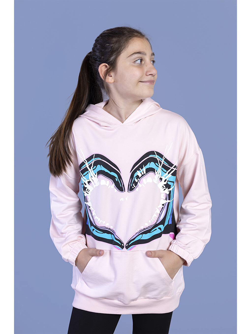 Pembe Kız Çocuk Kapüşonlu Kanguru Cepli Baskılı Sweatshirt