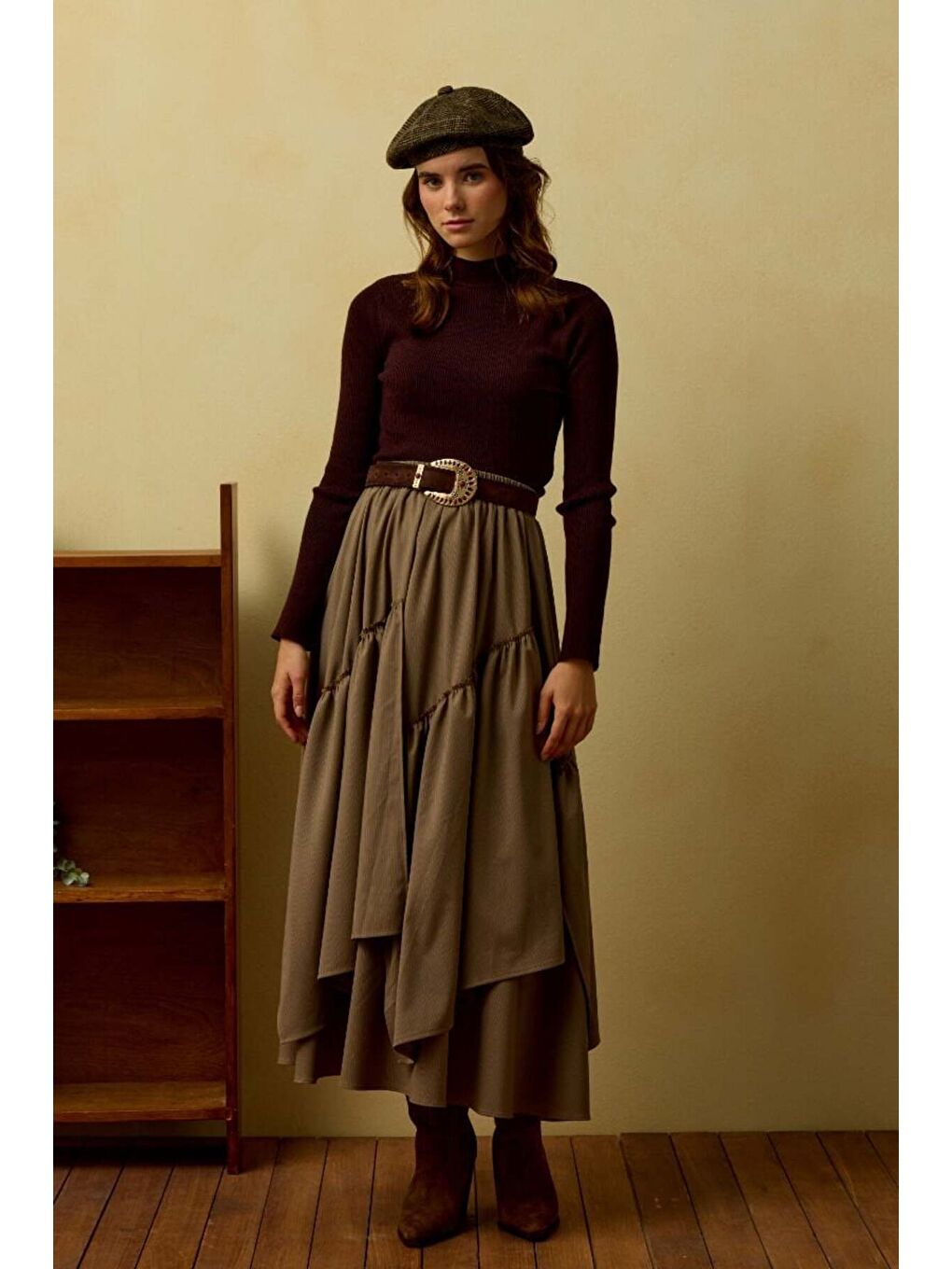 Bej Vizon Çizgili Poliviskon Bohem Kat Etek-1