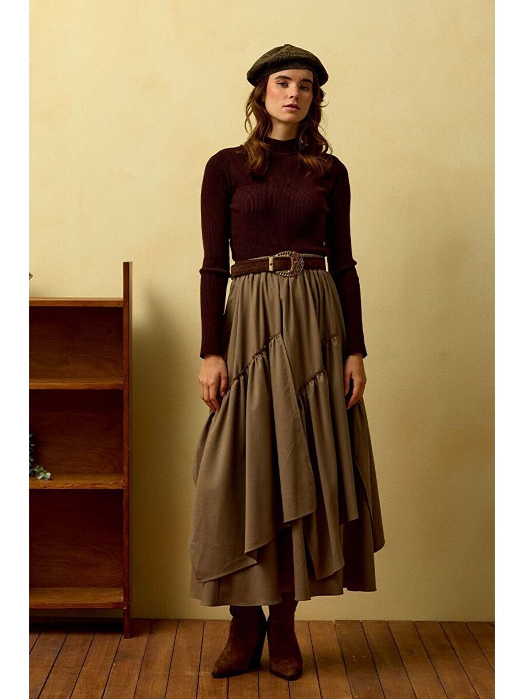 Bej Vizon Çizgili Poliviskon Bohem Kat Etek-2