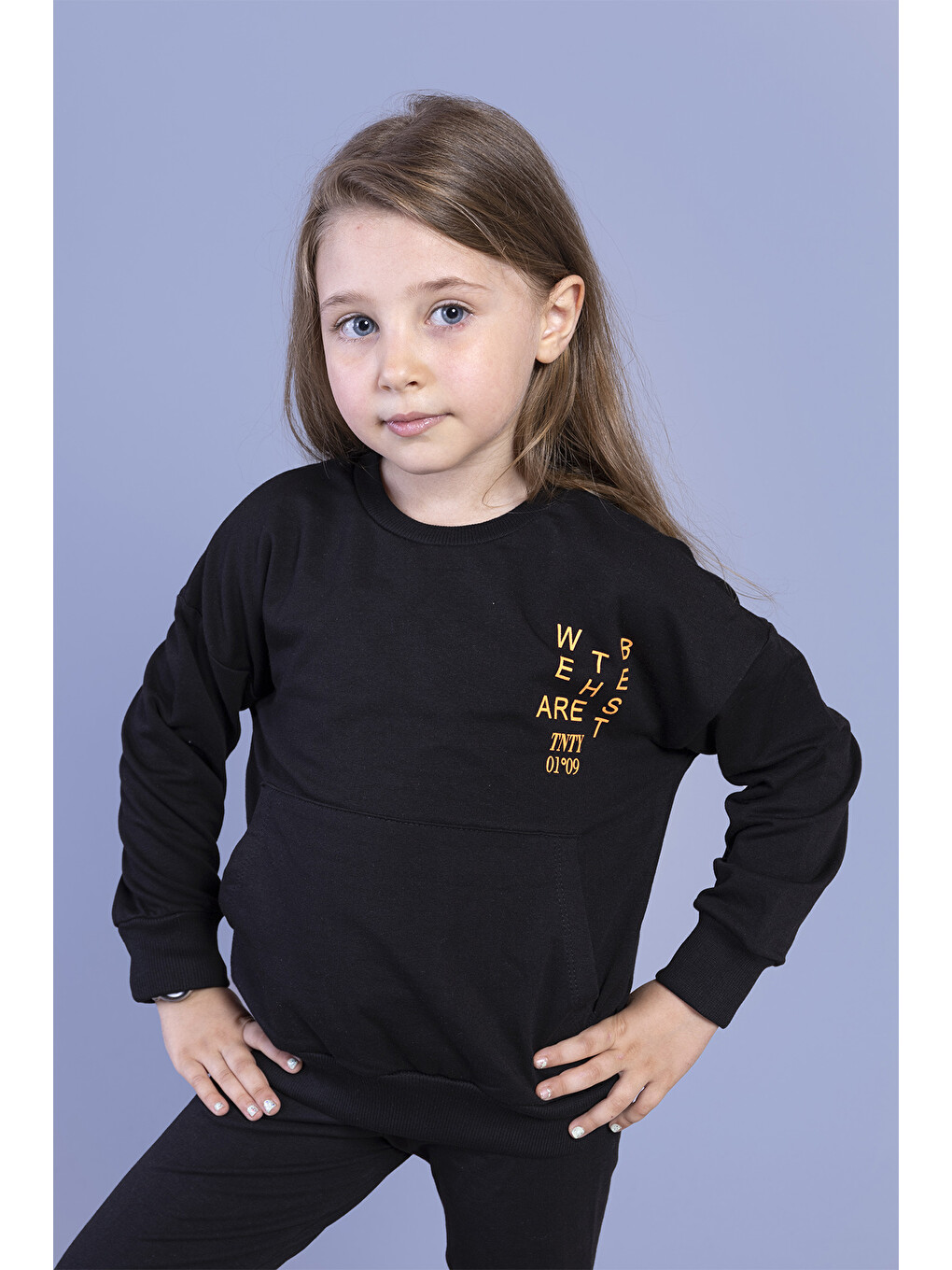 Siyah Kız Çocuk Baskılı Kanguru Cepli Sweatshirt