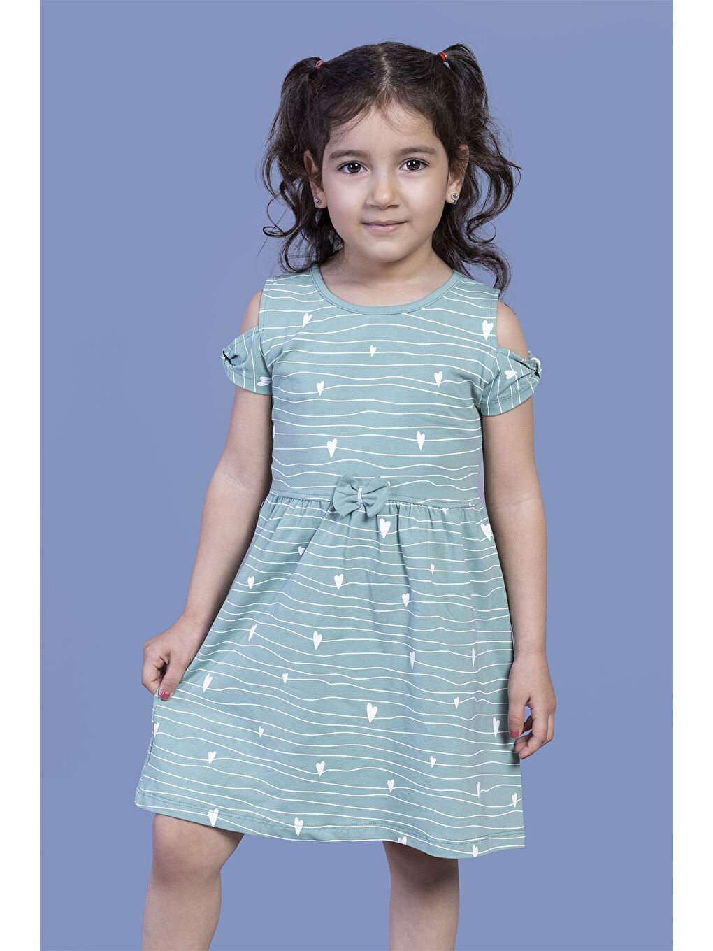 Gri Kız Çocuk Kalp Desenli Kolları Detaylı Elbise