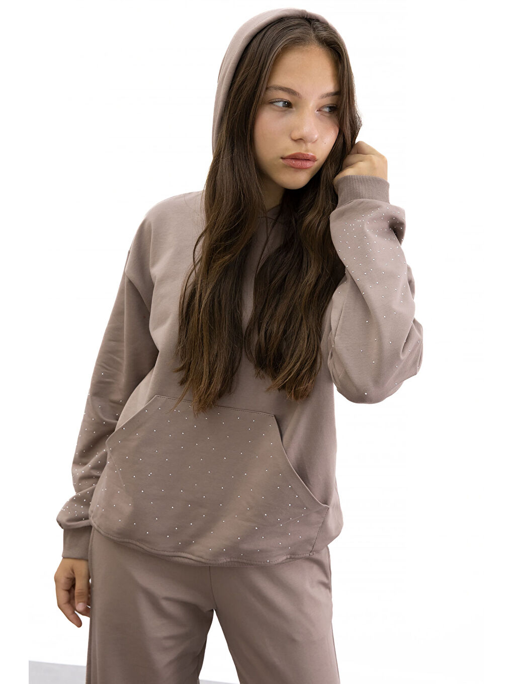 Kahverengi Kız Çocuk Taş Detaylı 2li Takım 21182-1