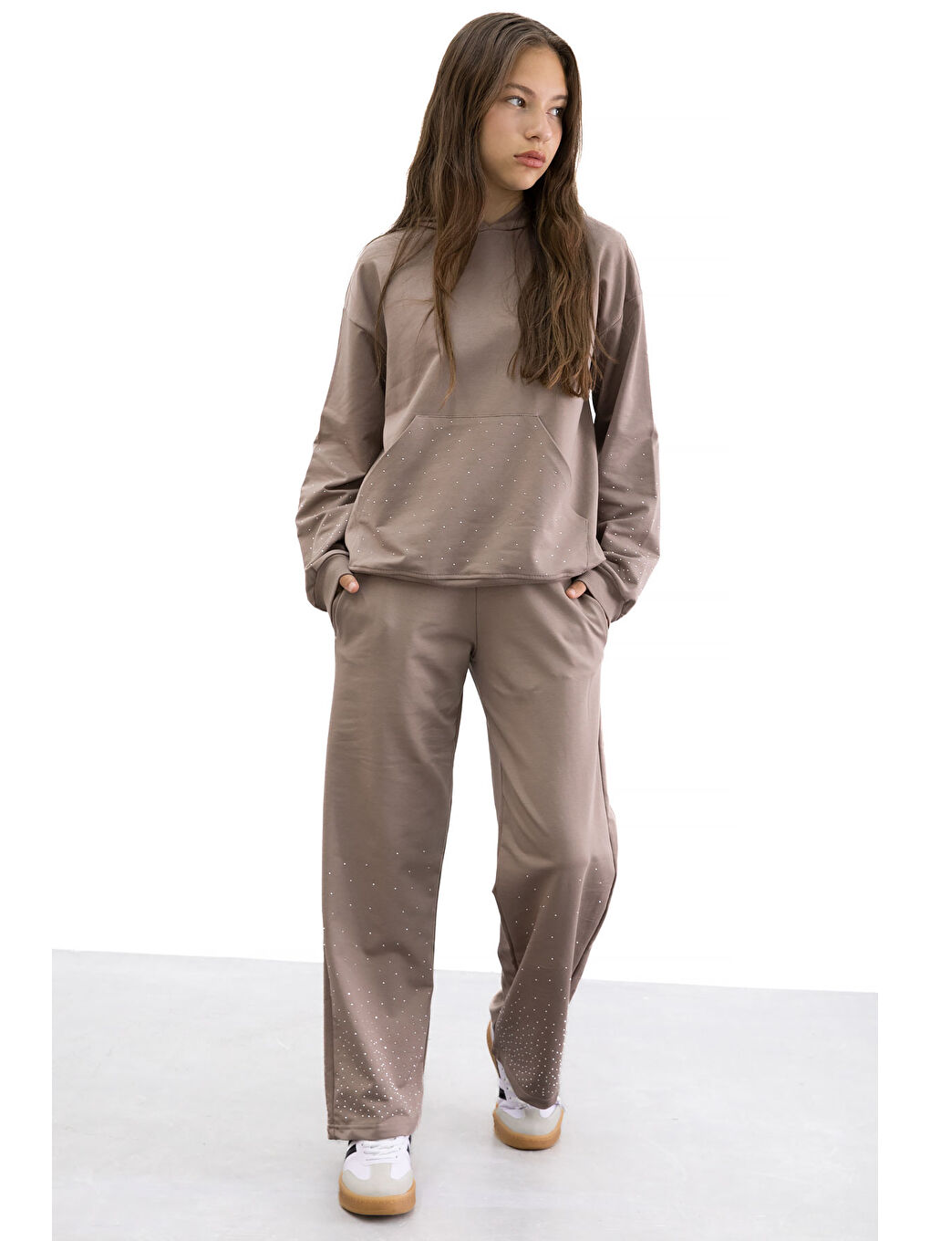 Kahverengi Kız Çocuk Taş Detaylı 2li Takım 21182-2