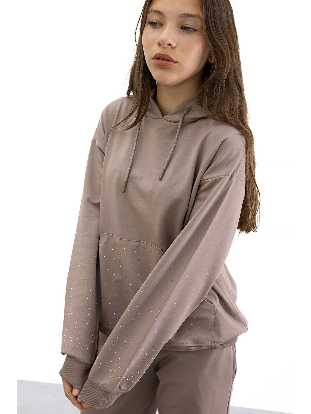 Kahverengi Kız Çocuk Taş Detaylı 2li Takım 21182-3