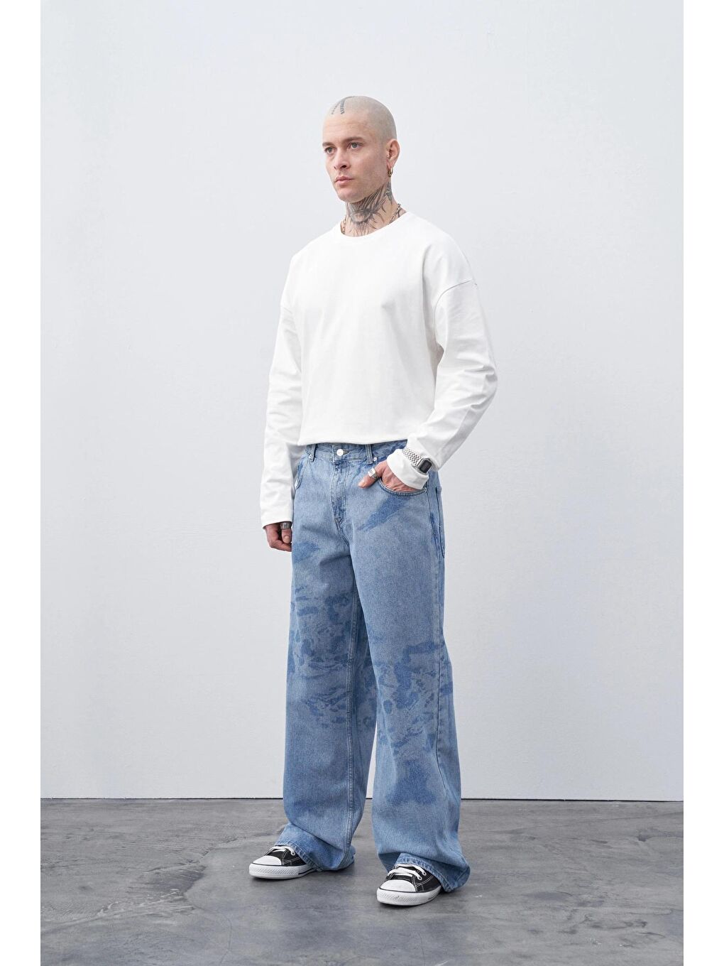 Vamosclo Mavi Lazer Baskılı Baggy Jean