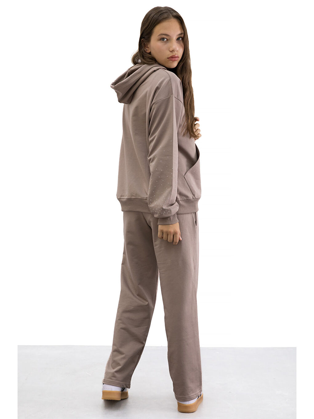 Kahverengi Kız Çocuk Taş Detaylı 2li Takım 21182-4