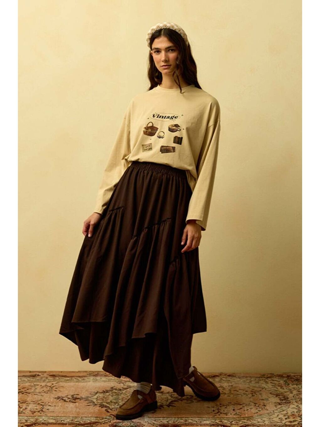 Kahverengi Acı Kahve Poliviskon Bohem Kat Etek-1