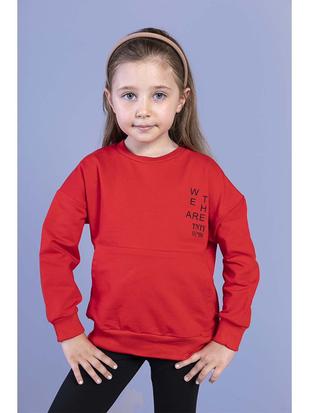 Kırmızı Kız Çocuk Baskılı Kanguru Cepli Sweatshirt