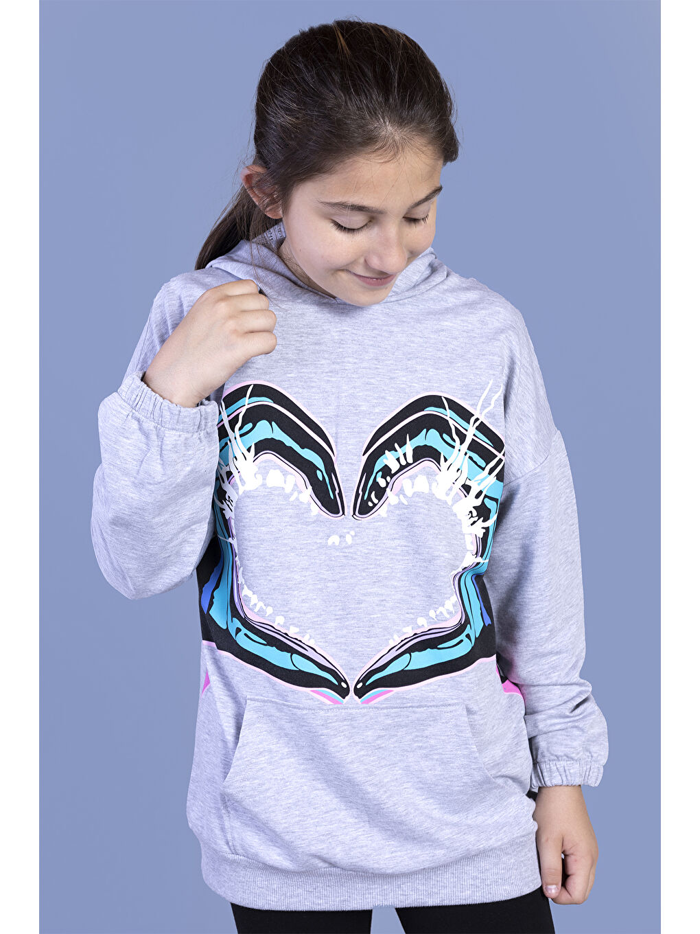 Gri Kız Çocuk Kapüşonlu Kanguru Cepli Baskılı Sweatshirt-1