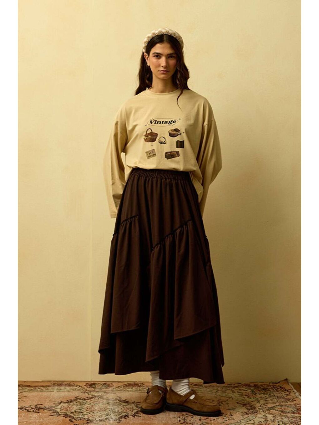 Kahverengi Acı Kahve Poliviskon Bohem Kat Etek-2