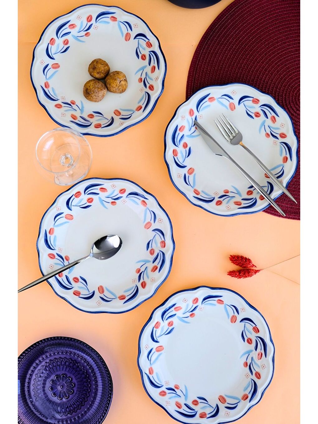 Beyaz Tulip Fulya Pasta Takımı Rimli 21cm 4 Kişilik 4 Parça FLY4PTPRS1157