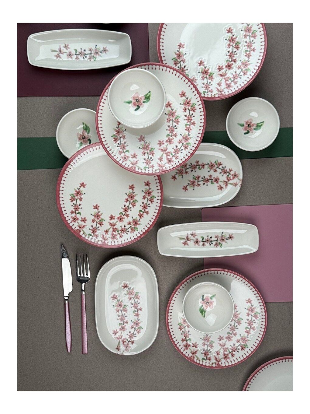 Beyaz Bahar Dalı Tuval Kahvaltı Takımı 6 Kişilik 14 parça TVL14KAHPRS1155-1