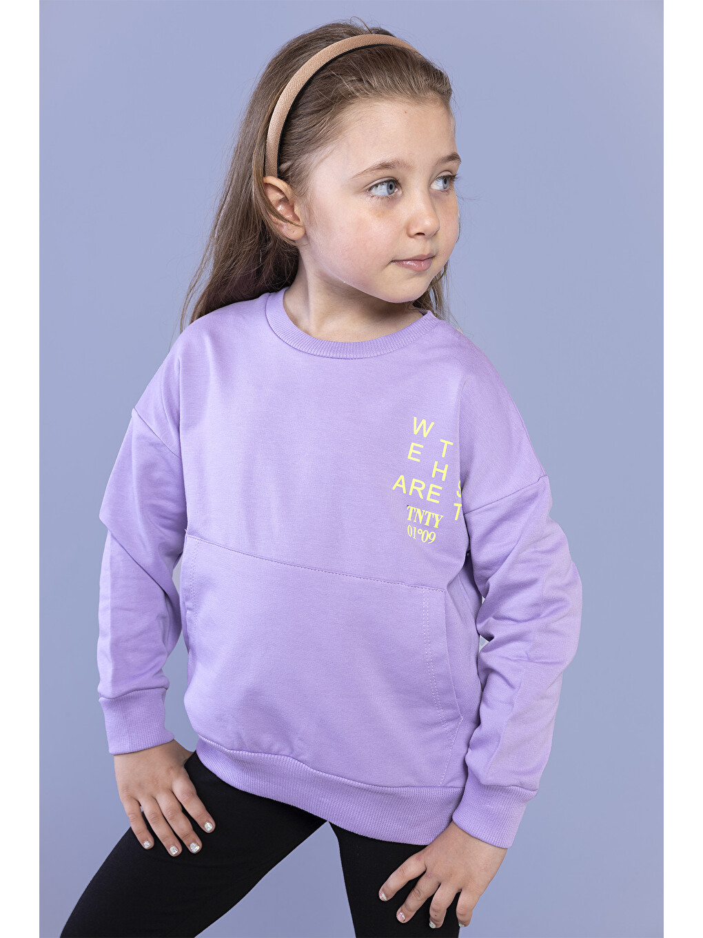 Lila Kız Çocuk Baskılı Kanguru Cepli Sweatshirt