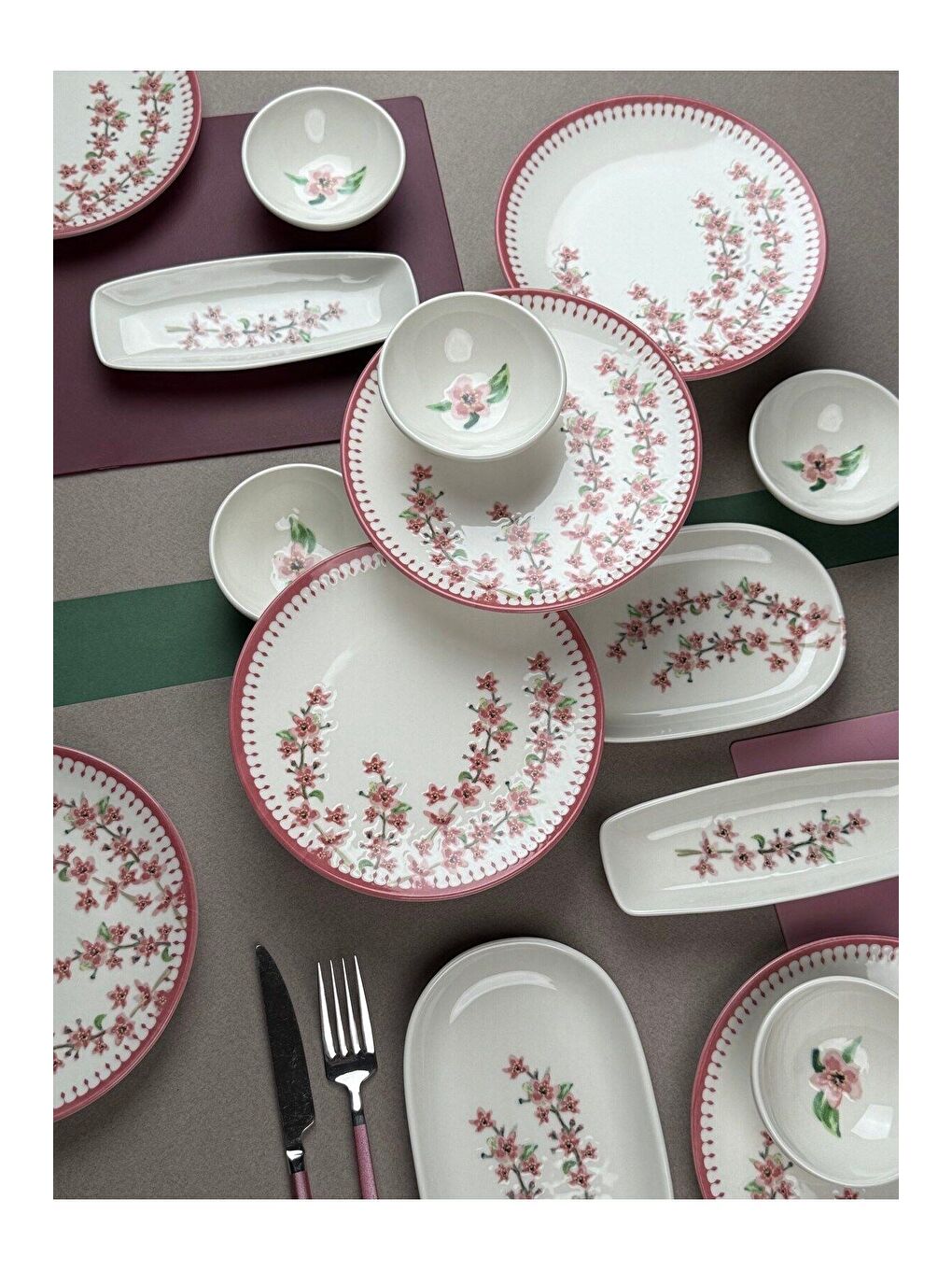 Beyaz Bahar Dalı Tuval Kahvaltı Takımı 6 Kişilik 14 parça TVL14KAHPRS1155-2