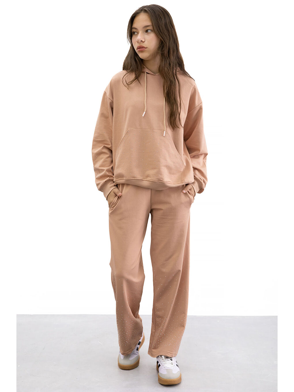 Pembe Somon Kız Çocuk Taş Detaylı 2li Takım 21184