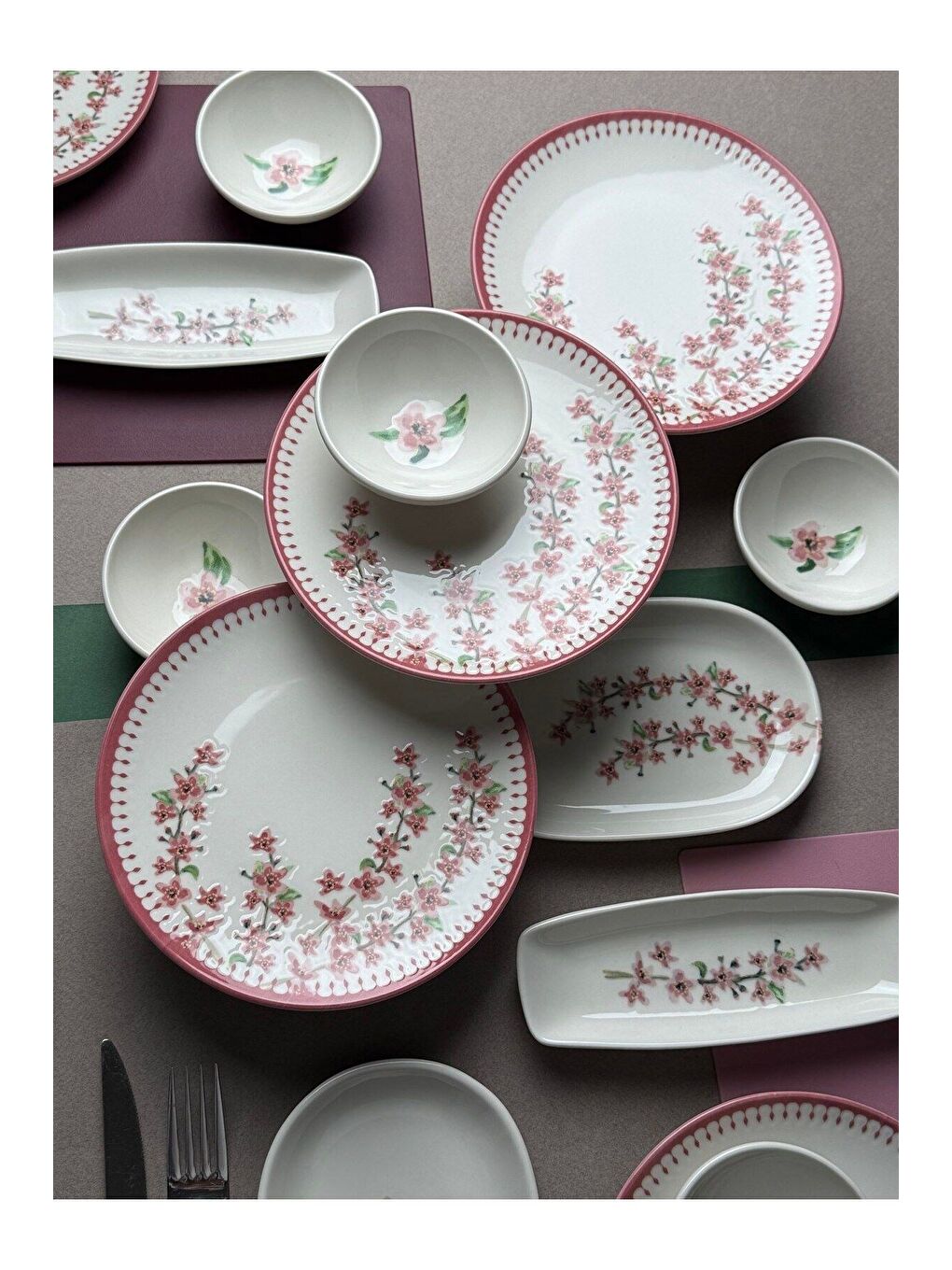 Beyaz Bahar Dalı Tuval Kahvaltı Takımı 6 Kişilik 14 parça TVL14KAHPRS1155-3