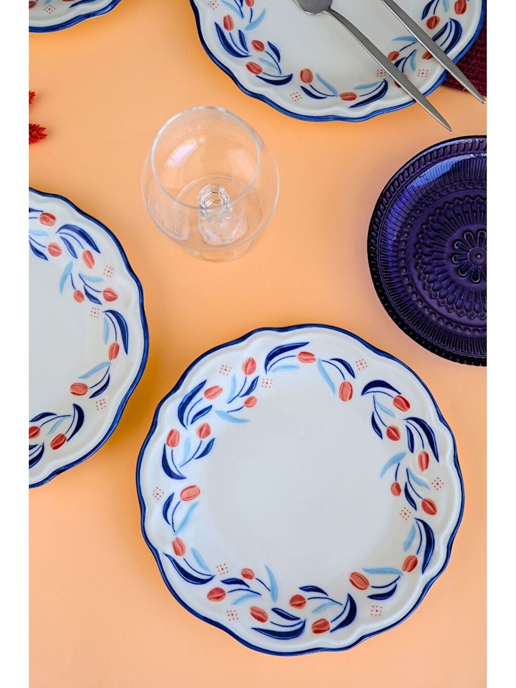 Beyaz Tulip Fulya Pasta Takımı Rimli 21cm 4 Kişilik 4 Parça FLY4PTPRS1157-2