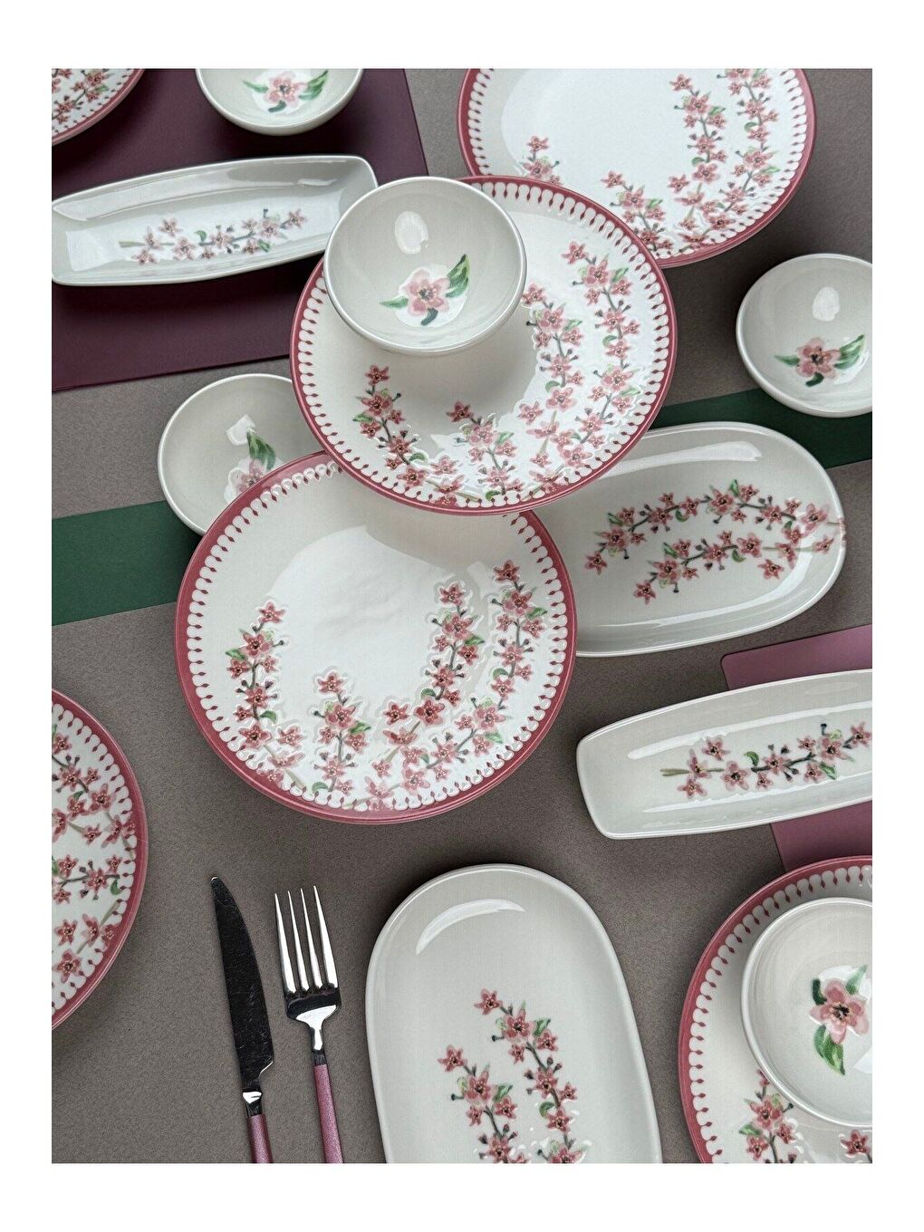 Beyaz Bahar Dalı Tuval Kahvaltı Takımı 6 Kişilik 14 parça TVL14KAHPRS1155-4