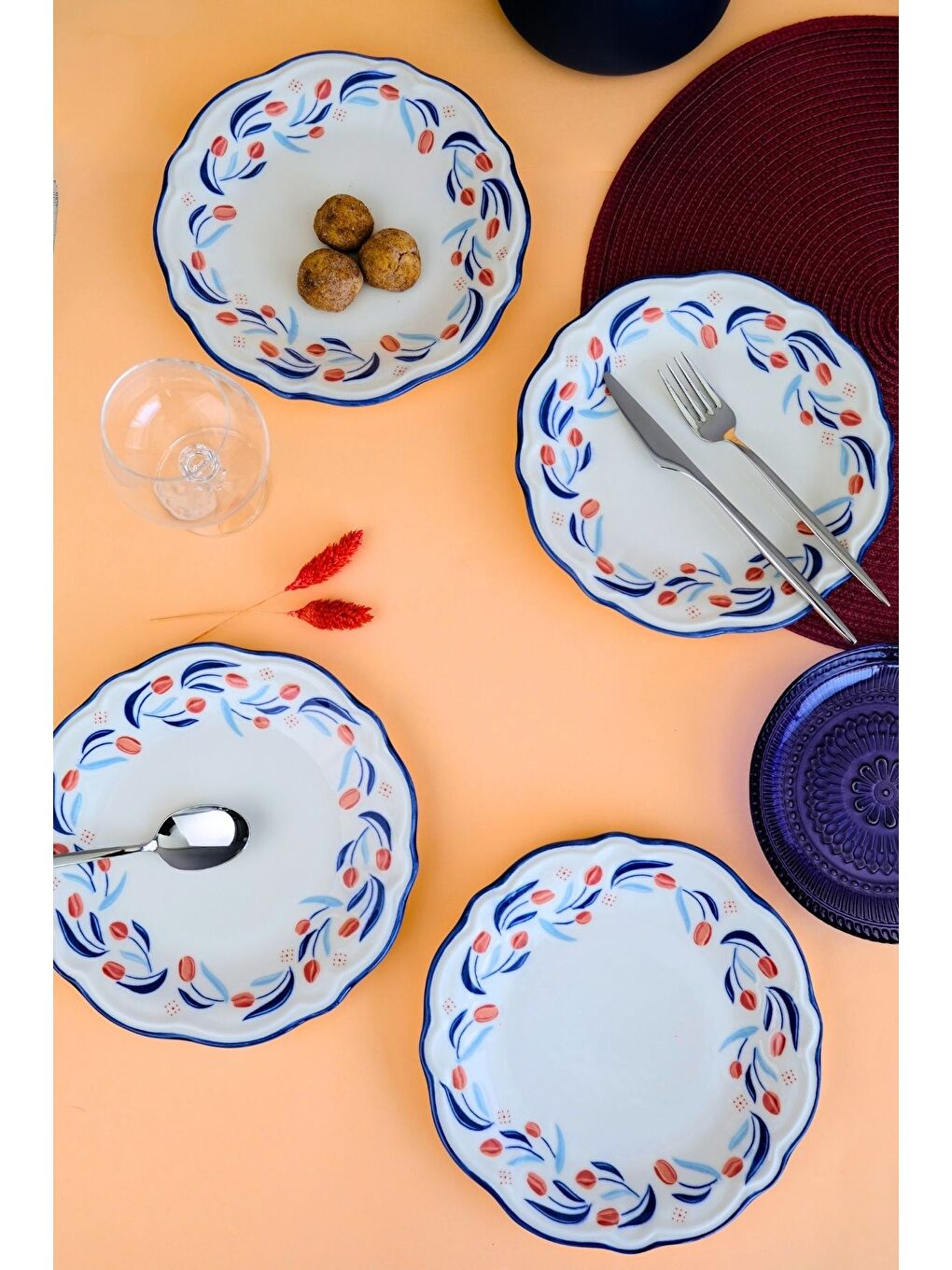 Beyaz Tulip Fulya Pasta Takımı Rimli 21cm 4 Kişilik 4 Parça FLY4PTPRS1157-3