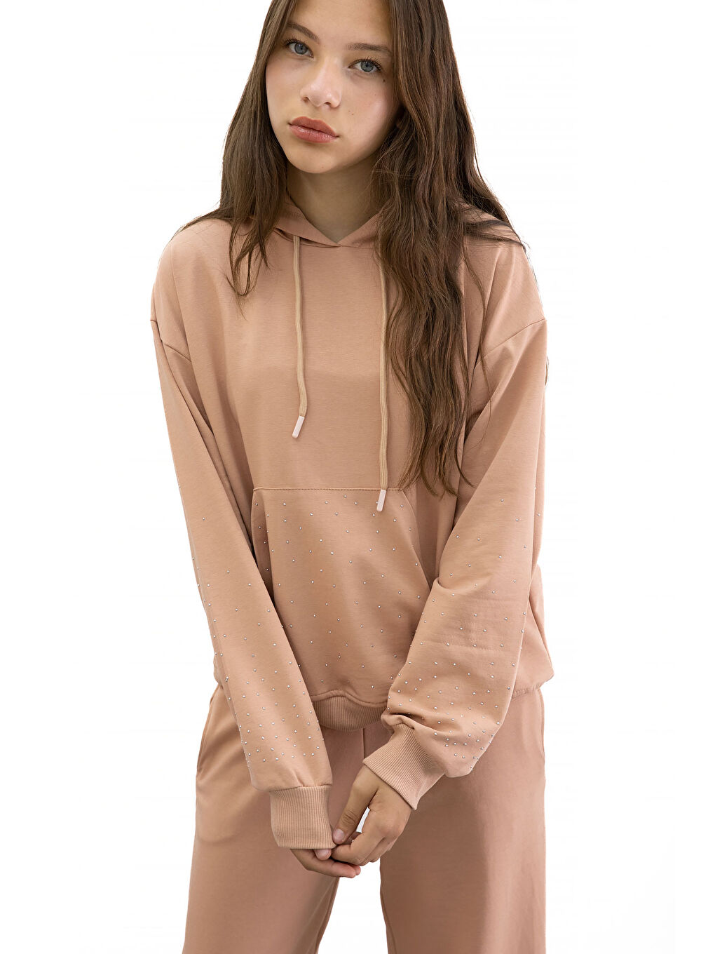 Pembe Somon Kız Çocuk Taş Detaylı 2li Takım 21184-1