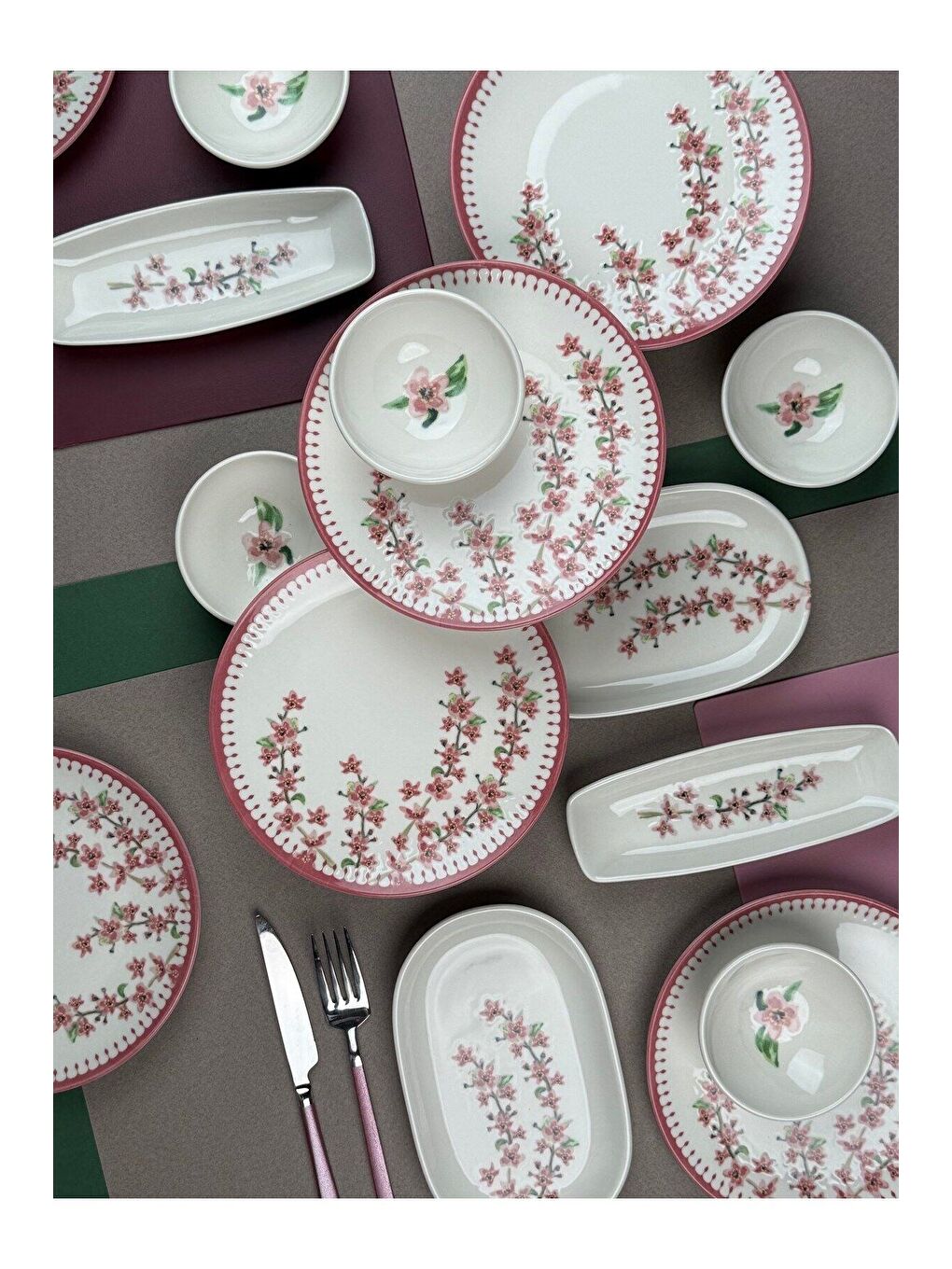 Beyaz Bahar Dalı Tuval Kahvaltı Takımı 6 Kişilik 14 parça TVL14KAHPRS1155-5