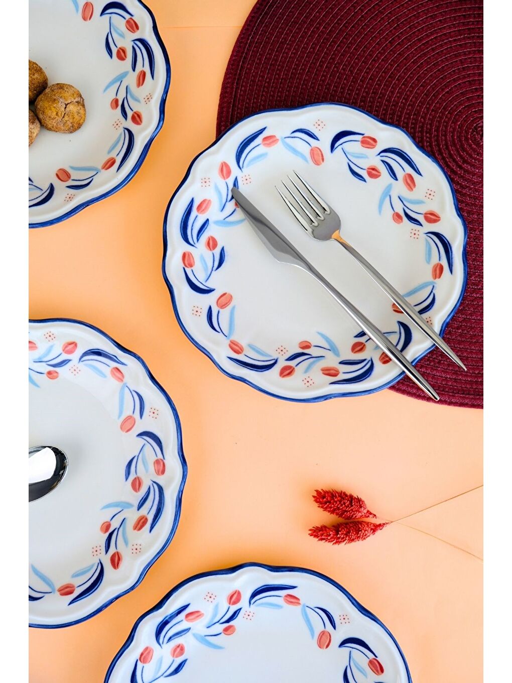 Beyaz Tulip Fulya Pasta Takımı Rimli 21cm 4 Kişilik 4 Parça FLY4PTPRS1157-4