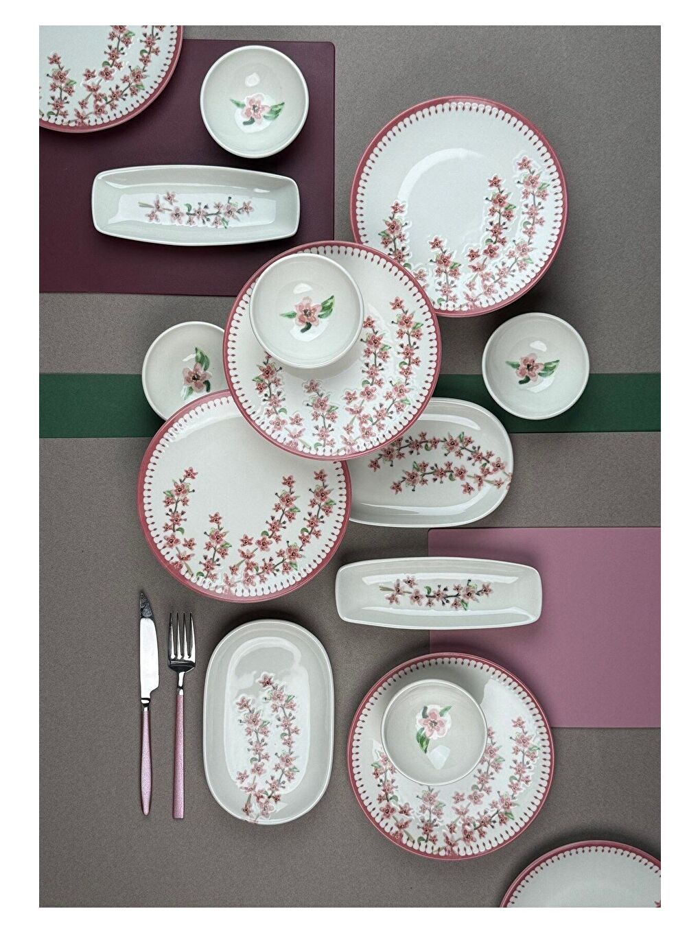 Beyaz Bahar Dalı Tuval Kahvaltı Takımı 6 Kişilik 14 parça TVL14KAHPRS1155-6