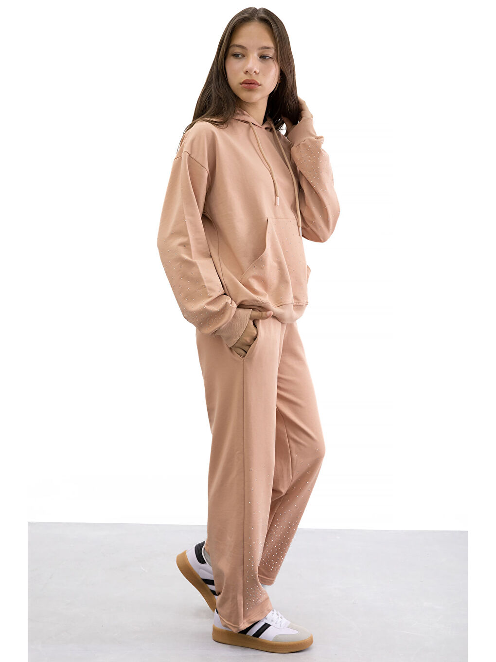 Pembe Somon Kız Çocuk Taş Detaylı 2li Takım 21184-2