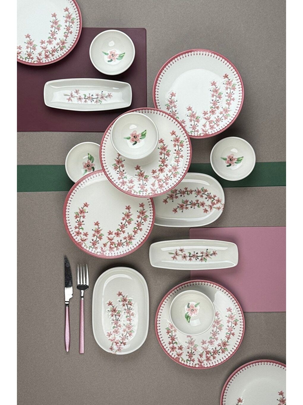 Beyaz Bahar Dalı Tuval Kahvaltı Takımı 6 Kişilik 14 parça TVL14KAHPRS1155-7